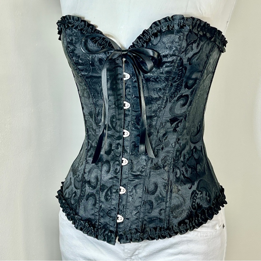 Black Lace-Up Corset Satin Brocade Print